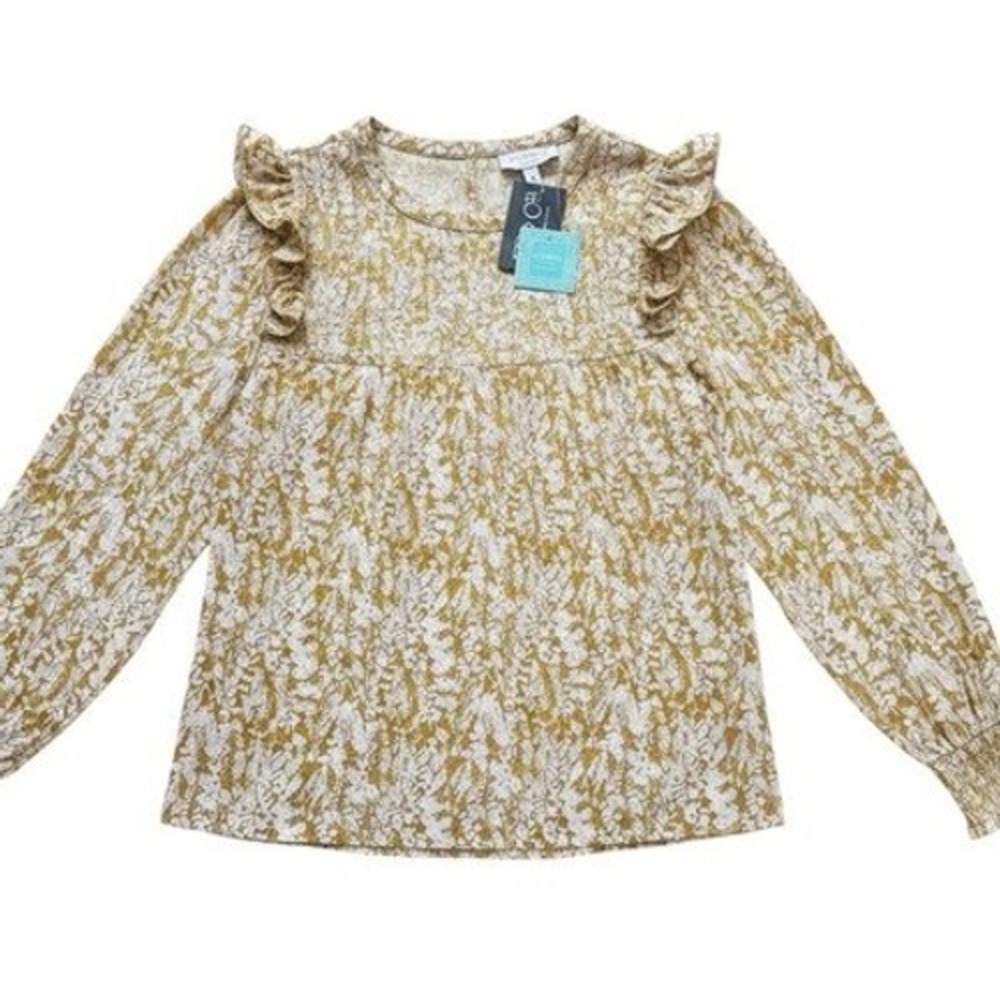 Mustard‎ Gold Floral Pleated Peasant Top Ruffle Shoulder Babydoll L Earthy Boho